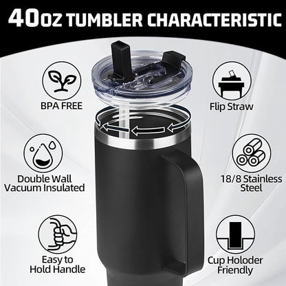 40 oz Tumbler with Handle and Flip Straw, 100% Leakproof Insulated Tumbler with Lid and Straw, Stainless Steel Travel Coffee Mug, Insulated Coffee Thermal Cup for Cold and Hot (Black)