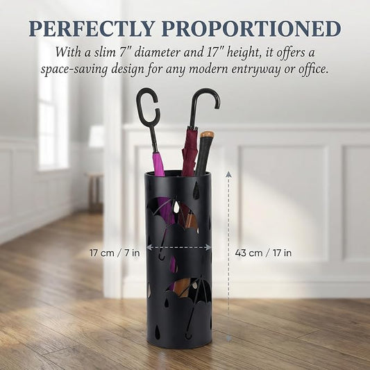 BEWBBAT Metal Umbrella Stand Rack for Entryway, Black Round Free Standing Umbrella Holder Organizer Bin with 3 Hooks for Walk Stick, Home Office Indoor, 17 x 7 Inch