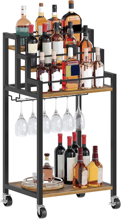 Bar Cart, 3 Tier Home Bar Serving Cart with Glass Holder, Versatile Display Wine Rack Trolley, for Living Room, Kitchen, Rustic Brown BC08BR
