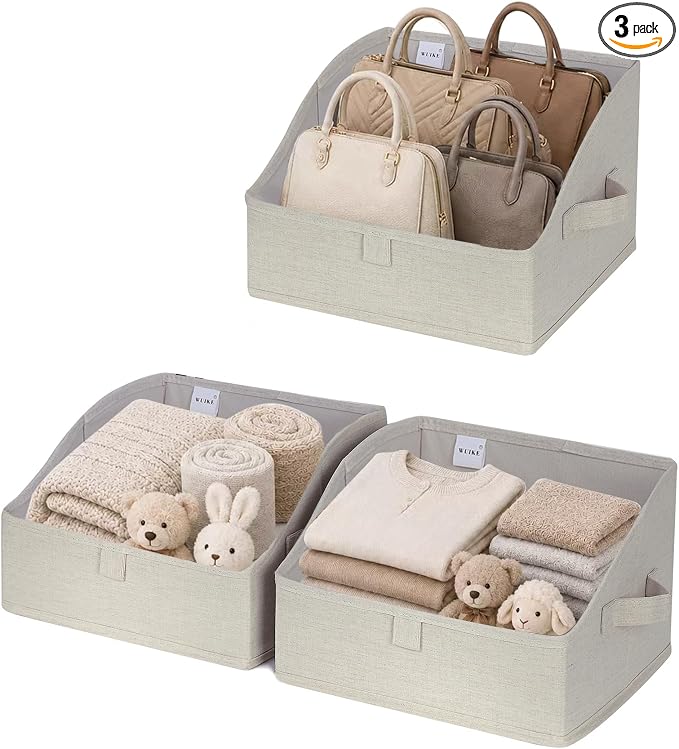 WUIKE Trapezoid Storage Bins for Closet Organizers and Storage, Fabric Closet Bins with Handles, Foldable Storage Baskets for Clothes, Purse, Blanket, Line Beige, Large, 3-Pack
