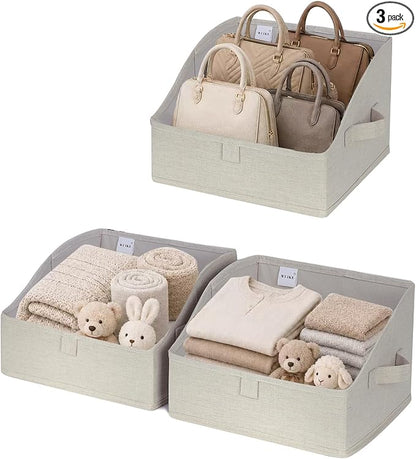 WUIKE Trapezoid Storage Bins for Closet Organizers and Storage, Fabric Closet Bins with Handles, Foldable Storage Baskets for Clothes, Purse, Blanket, Line Beige, Large, 3-Pack