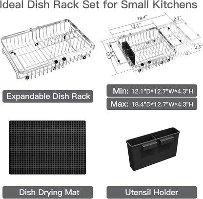 MAJALiS Dish Drying Rack Over The Sink with Utensil Holder, Mat | Expandable Stainless Steel Dish Drainer for Small Kitchen, Apartment, RV, Counter Space Saving, Perfect Fit, Rustproof