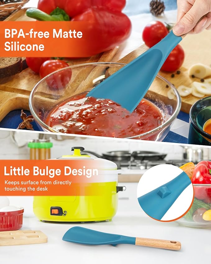 Cooking Spoon for Nonstick Cookwares, Great for Cooking and Serving Sturdy BPA-Free Matte Silicone, Wood Handle Spoon for Mixing, Scoop, and Scrape (TURQ, 11.4 inch)