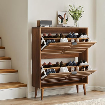 Vibe & Dine Modern Shoe Cabinet with 2 Flip Drawers, Shoe Storage Organizer for Entryway Slim, Freestanding Wood Shoe Rack Cabinet for Hallway, Bedroom, Living Room, Walnut