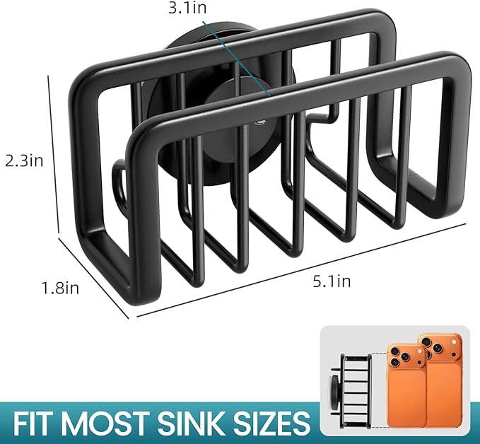 TAILI Sink Caddy with Strong Suction Cup, Sponge Holder for Kitchen Sink Oganizer, Removable Rustproof Aluminum Sponge Holder, Dish Brush for Scraper - Black