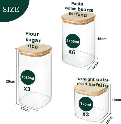 LIBWYS 12-Pack Glass Pantry Storage Containers with Bamboo Lids (0.76Qt/1.22Qt/1.67Qt) - Stackable Square Food Jars for Pantry Organization, Coffee, Flour, Snacks, Tea | Kitchen Canisters Set