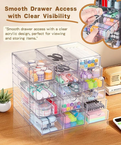 VZKAH Clear Acrylic Organizer with Drawers | 15-Drawer Desktop Unit | Makeup & Desk Organization and Storage Box for Office, Craft, Vanity Table, Bathroom, Home Essentials