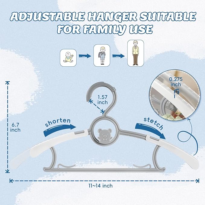 Baby Hangers for Closet Adjustable, Extendable & Stackable Kids Hangers, 11~14inch Non-Slip Plastic Kid Hangeres, Toddler Hangeres for Infant Baby Toddler Children Nursery Teen, Gray, Pack of 60