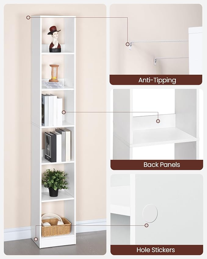 Hzuaneri Bookcase, Tall Narrow Bookshelf, Open Display Storage Shelf, Skinny Cube Book Shelf with Adjustable Shelves, CD Rack for Living Room, Home Office 6-Tier(9.4 x 11.8 x 72.5 inch) White BC09603X