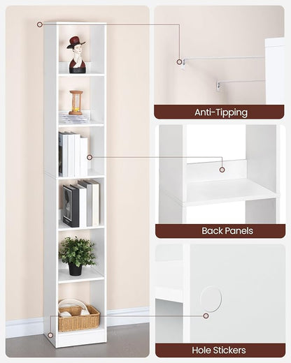 Hzuaneri Bookcase, Tall Narrow Bookshelf, Open Display Storage Shelf, Skinny Cube Book Shelf with Adjustable Shelves, CD Rack for Living Room, Home Office 6-Tier(9.4 x 11.8 x 72.5 inch) White BC09603X