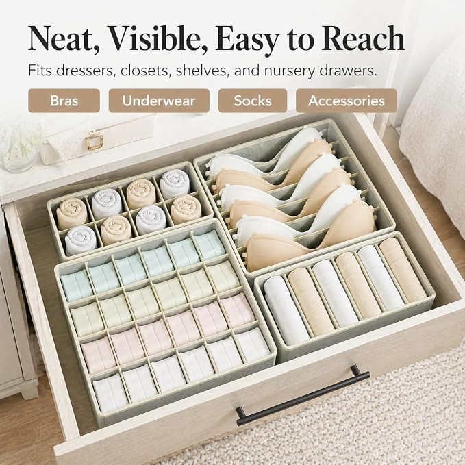 Drawer Organizer Clothes Set, 4 Pack Foldable Dresser Closet Dividers (6/8/7/24-Cell), Non-Woven Underwear & Sock Drawer Organizer, Bra/Tie/Belt Storage Bins (Light Grey)