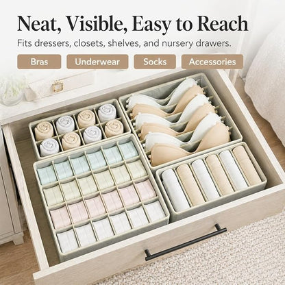 Drawer Organizer Clothes Set, 4 Pack Foldable Dresser Closet Dividers (6/8/7/24-Cell), Non-Woven Underwear & Sock Drawer Organizer, Bra/Tie/Belt Storage Bins (Light Grey)