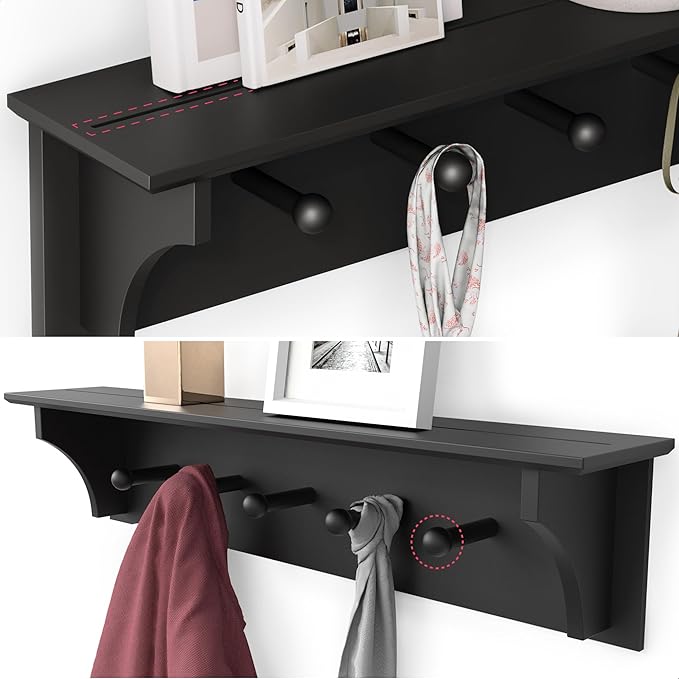 Ballucci Floating Coat and Hat Wall Shelf Rack, 5 Pegs Hook, 24", Black