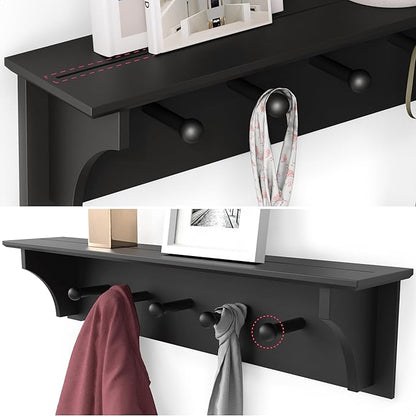 Ballucci Floating Coat and Hat Wall Shelf Rack, 5 Pegs Hook, 24", Black