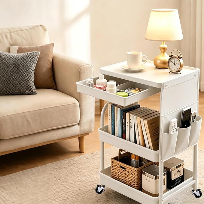 BLULEE 3-Tier Rolling Storage Cart with Pull-Out Drawer & Side Organizer | Heavy-Duty Carbon Steel Utility Cart with Lockable Wheels, Mobile Organizer Rack for Bathroom, Makeup, Nursery & Kitchen