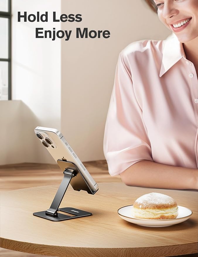 Nulaxy 2 Pack Dual Folding Cell Phone Stand, Fully Adjustable Phone Holder for Desk, Compatible with Phone 16 15 14 13 12 11, Nintendo Switch, All Phones, Black & Silver