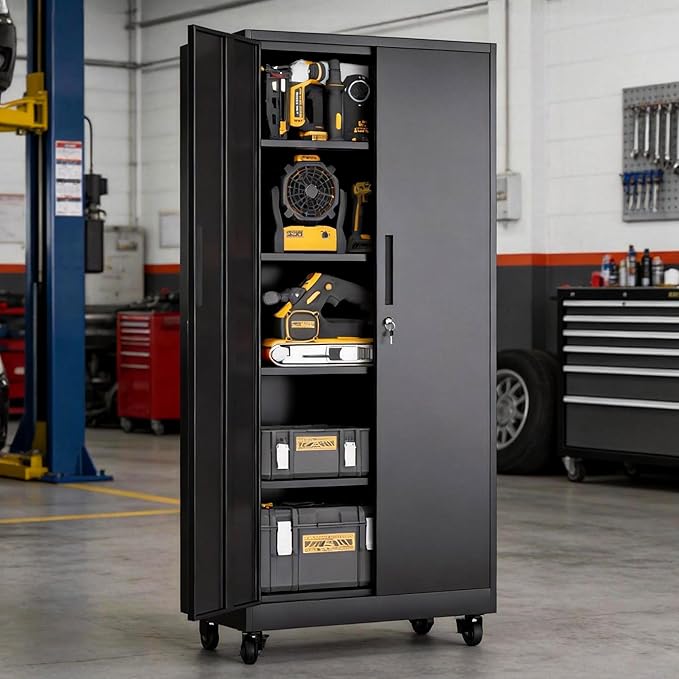 Garage Metal Storage Cabinet with Lock, 71'' Tall Storage Cabinet with Adjustable Shelves and Doors, Rolling Tool Cabinet on Wheels for Garage, Utility Room