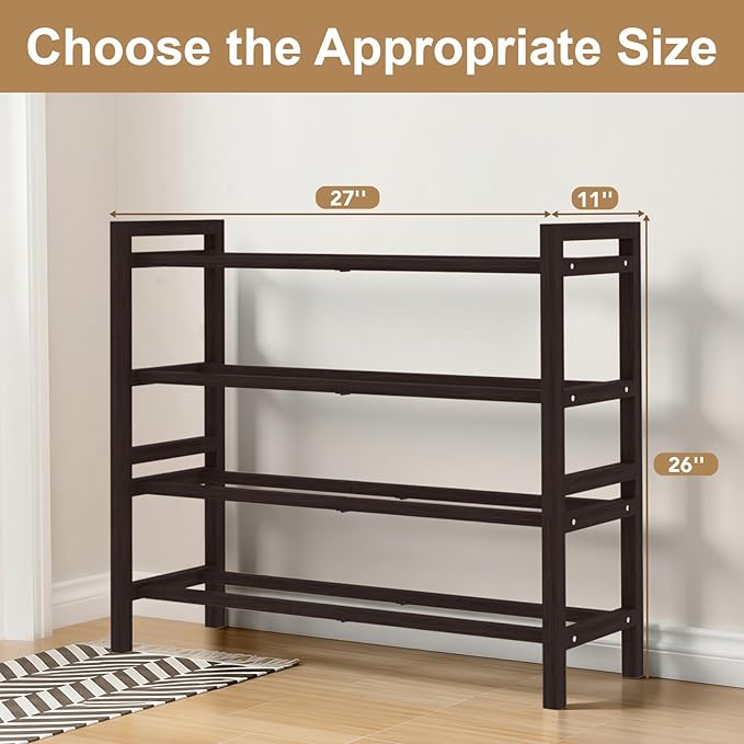 Haddockway Bamboo Shoe Rack for Closet, Free Standing Shoe Organizer with Smooth Round Rods & Convenient Handles, Stackable Shoe Storage Shelf for Entryway, Hallway(Brown, 4-Tier)