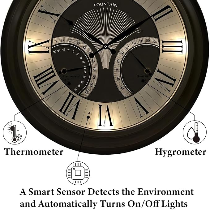 24 Inch in/Outdoor Wall Clock with Temperature and Humidity Combo, Large Outdoor Clock for Patio Large Waterproof with Thermometer,Antique Hamilton Gold Metal