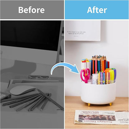 Marbrasse Desk Organizer, 360-Degree Rotating Pen Holder, Desk Organizers and Accessories with 5 Compartments Pencil Holder, Art Supply Storage Box Caddy for Office, Home（White）