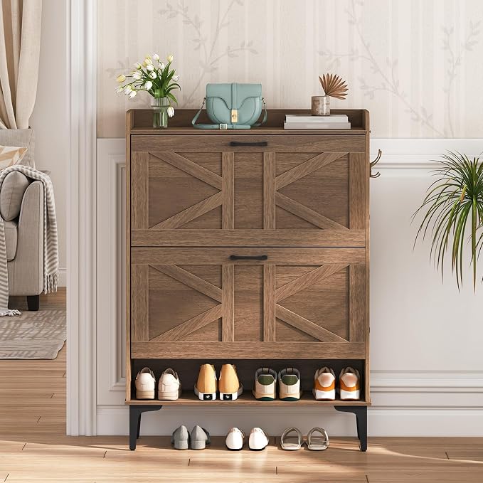 MAHANCRIS Shoe Storage Cabinet, Shoe Organizer with 2 Flip Drawers, Hidden Shoe Storage for Entryway, Freestanding Shoe Cabinet Organizer with Open Storages, Walnut SHWA9401