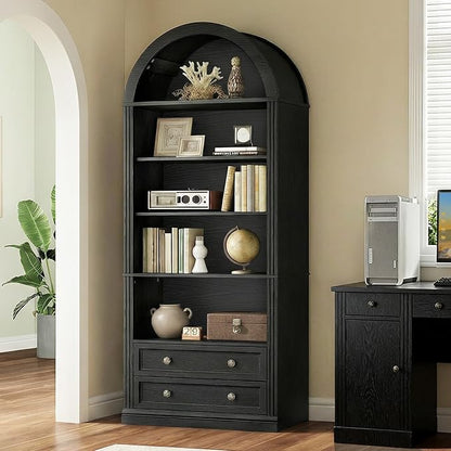 Farmhouse Arched Bookshelf, 7 Tiers Arch Bookcase with 2 Spacious Drawers, Modern Book Shelf with Open Display Shelves and Storage Cabinet, for Office, Living Room, Kitchen, Black