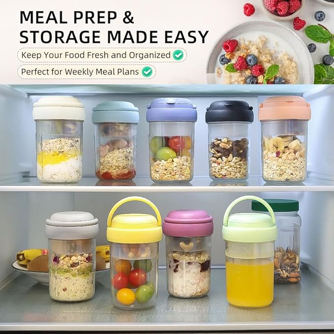 UWILLION Overnight Oats Containers with Handles, 16 oz Glass Mason Jars with Lids, Folding Spoons & Topping Compartments, Yogurt Parfait Cups for Meal Prep, Chia Pudding, Breakfast to Go, 2 Pack