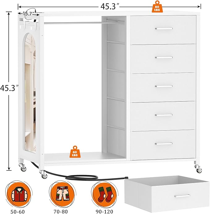Cyclysio Dresser for Bedroom with Clothes Rack & Mirror, 5 Fabric Drawers Dresser with Charging Station & LED Lights, Rolling Chest of Drawers with Wheels, Full Length Mirror, Wooden Top, Closet
