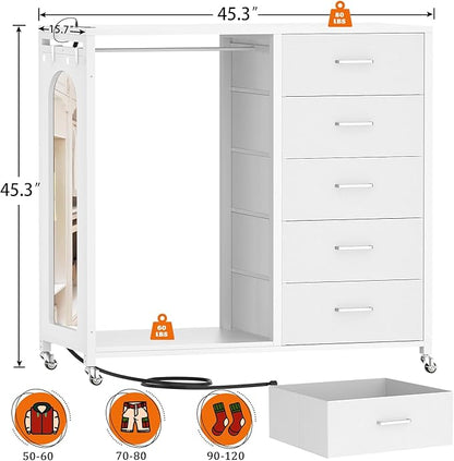 Cyclysio Dresser for Bedroom with Clothes Rack & Mirror, 5 Fabric Drawers Dresser with Charging Station & LED Lights, Rolling Chest of Drawers with Wheels, Full Length Mirror, Wooden Top, Closet