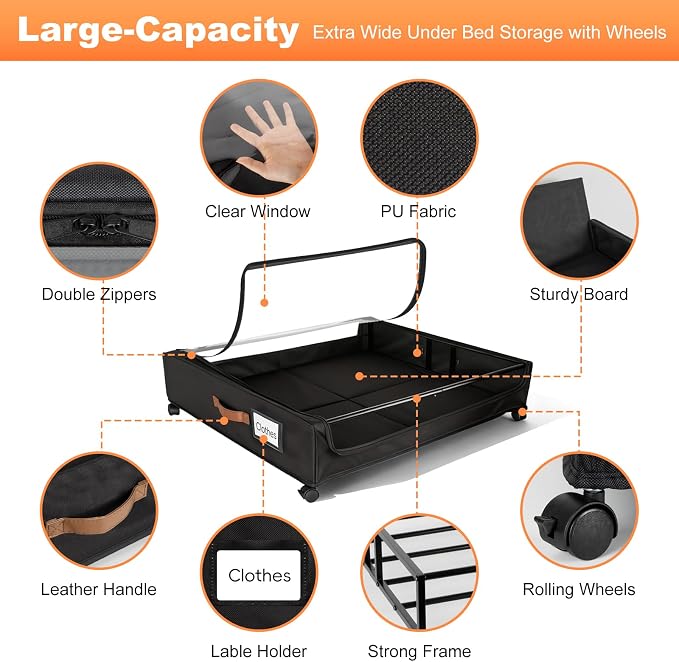 80L Larger Under Bed Storage with Wheels, 2-Pack XXL Underbed Shoe Storage with Clear Lid, Easy Pull-out Rolling Under Bed Storage Containers, Underbed Storage Bins for Clothes, Shoes, Black