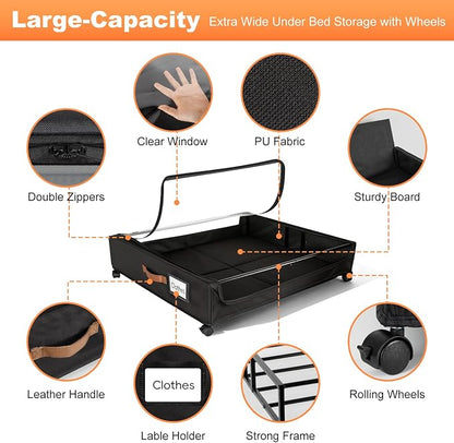 80L Larger Under Bed Storage with Wheels, 2-Pack XXL Underbed Shoe Storage with Clear Lid, Easy Pull-out Rolling Under Bed Storage Containers, Underbed Storage Bins for Clothes, Shoes, Black