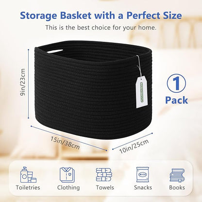 Cotton Rope Storage Basket, 15x10x9 Inches, Woven Basket for Shelves, Clothes, Towels, Books, and Laundry, Black (1 Pack)