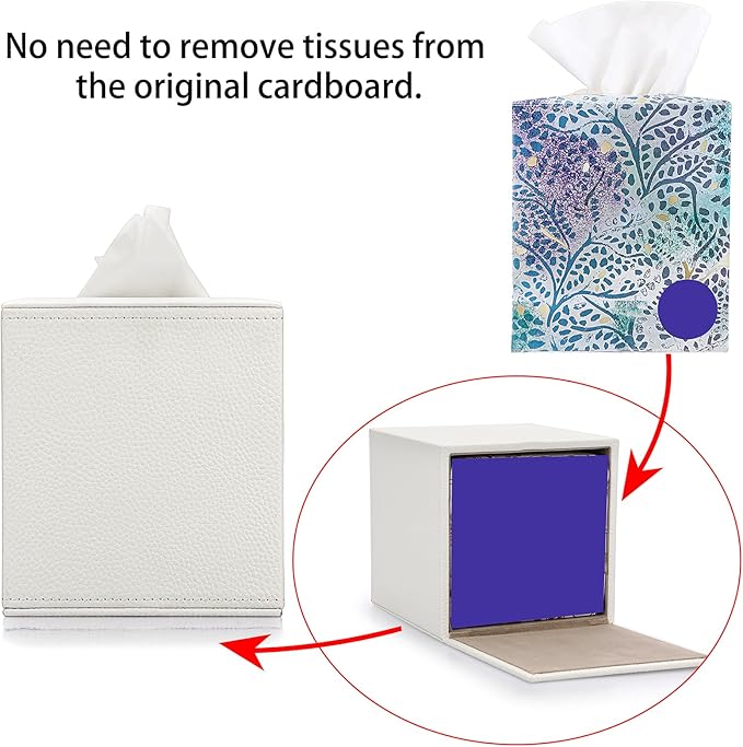 Sumnacon Tissue Box Cover Square Tissue Box Stylish PU Tissue Box Holder with Magnetic Bottom, Cube Leather Tissue Cover for Living Room Bathroom Table Desk Home Office Car,White