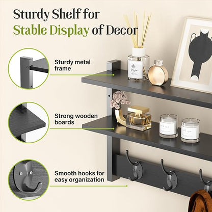 Two-Tier Wall Shelf with Hooks, 17" Coat Rack Wall Mount with Shelf, Entryway Key Hooks for Wall with Heavy Duty Double Hooks, Coat Hook Wall Mounted for Bedroom, Living Room, Black