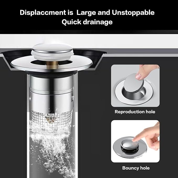 Bathroom Sink Drain Strainer, Pop Up Sink Drain Strainer with Removable Stainless Steel Filter Basket Hair Catcher, Universal Drain Plug for Bathroom Sink Stopper Replacement (2 pcs)