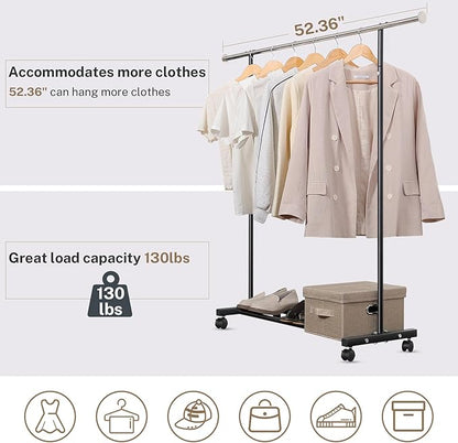 Clothes Rack, 130LB Capacity Heavy Duty Clothing Rack with Wheels and Bottom Shelf, 52.17 Inch Rolling Racks for Hanging Clothes, Coats, Shirts, Sweaters, Skirts, Dress, Black