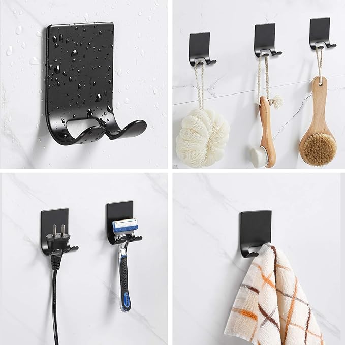 Razor Holder Shaver Hook Hanger Stand Caddy (2 Pack) Self Adhesive Stick on Hook Heavy Duty Stainless Steel Phone Holder for Shower, Tools for Hanging Washcloth Towel Loofah for Bathtub Wall, Black