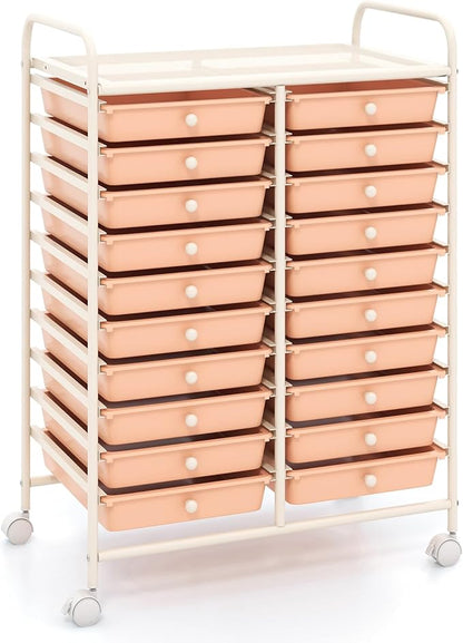 GOFLAME 20-Drawer Rolling Storage Cart, Multifunctional Art Craft Organizer Cart, Mobile Utility Storage Cart with Removable Drawers & Lockable Wheels, Craft Cart for Home Office, Peach Fuzz