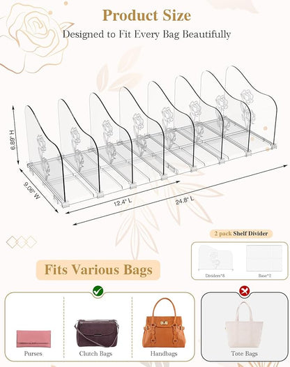 Rose Purse Dividers for Closet, 2 Pack Clear Clutch Purse Closet Organizers, Adjustable Handbag Storage Organizers, Plastic Bookshelf Separator Dividers for Bedroom Office