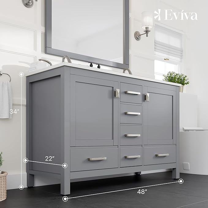 Eviva Aberdeen 48 Inch Bath Vanity with Sink- Gray Bathroom Vanity with Carrara Quartz Top