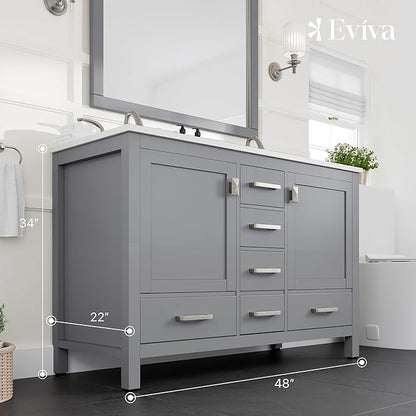 Eviva Aberdeen 48 Inch Bath Vanity with Sink- Gray Bathroom Vanity with Carrara Quartz Top