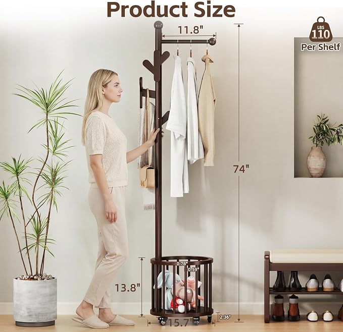 Uniclinens Freestanding Wooden Coat Rack with Umbrella Holder，Dark Walnut Coat Rack with Hooks, Space-Saving Entryway Organizer for Hanging Clothes and Storing Towels, Bedroom, Living Room