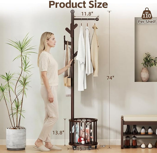 Uniclinens Freestanding Wooden Coat Rack with Umbrella Holder，Dark Walnut Coat Rack with Hooks, Space-Saving Entryway Organizer for Hanging Clothes and Storing Towels, Bedroom, Living Room