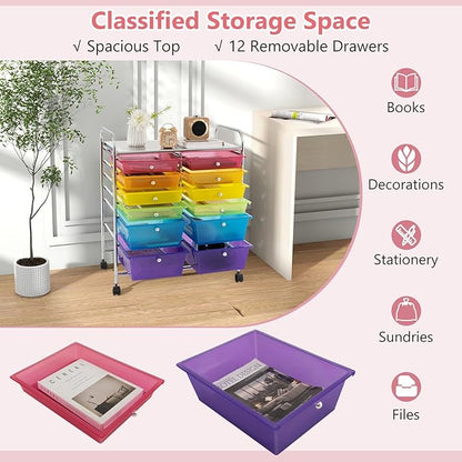 Happygrill 12-Drawer Rolling Storage Cart, Multipurpose Organizer Cart for Home Office School, Utility Cart with Wheels, (Colorful Clear)