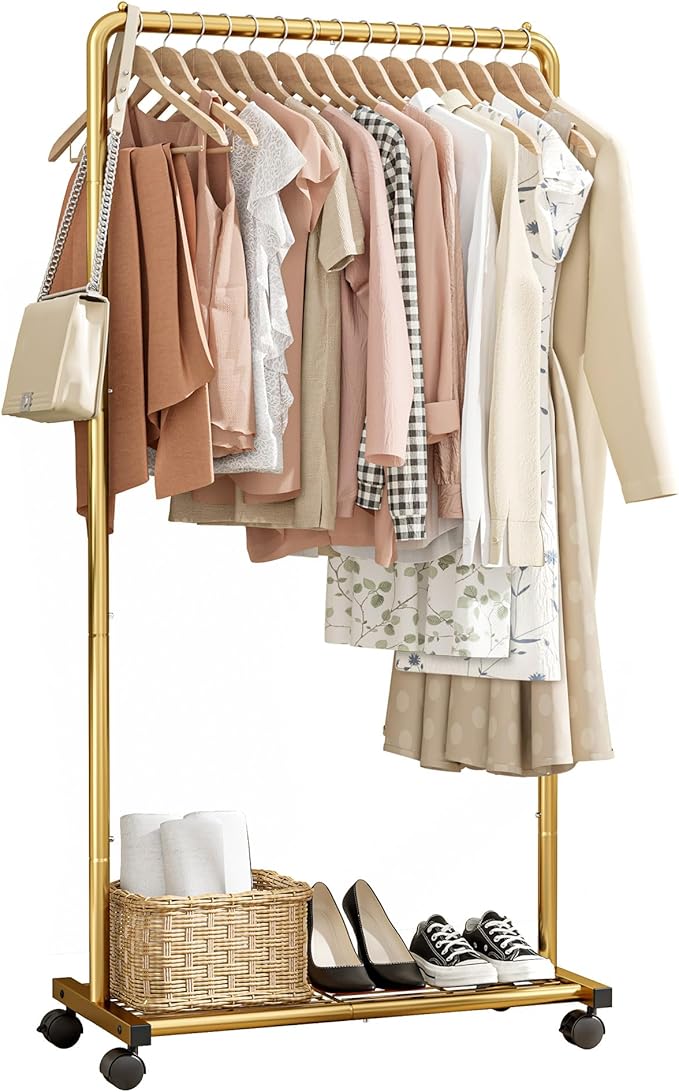 Clothes Rack - Clothing Rack with Storage Mesh Shelf & Casters, Heavy-Duty Metal Clothing Rack for Hanging Clothes, Dresses, Coats, Large Load Capacity, Easy Assembly, Gold, 28.0"x16.9"x59.0"
