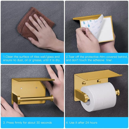 VAEHOLD Self Adhesive Toilet Paper Holder with Phone Shelf Stainless Steel Wall Mounted Toilet Paper Roll Holder - Rustproof and Bathroom Washroom Tissue Roll Holder with Storage Shelf - Gold