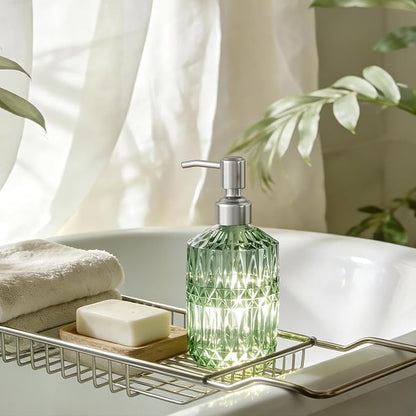 AmazerBath Soap Dispenser, 2 Pack Green Glass Soap Dispenser with Pump Stainless Steel, 14.2OZ Refillable Hand Soap Bottles Bathroom Kitchen
