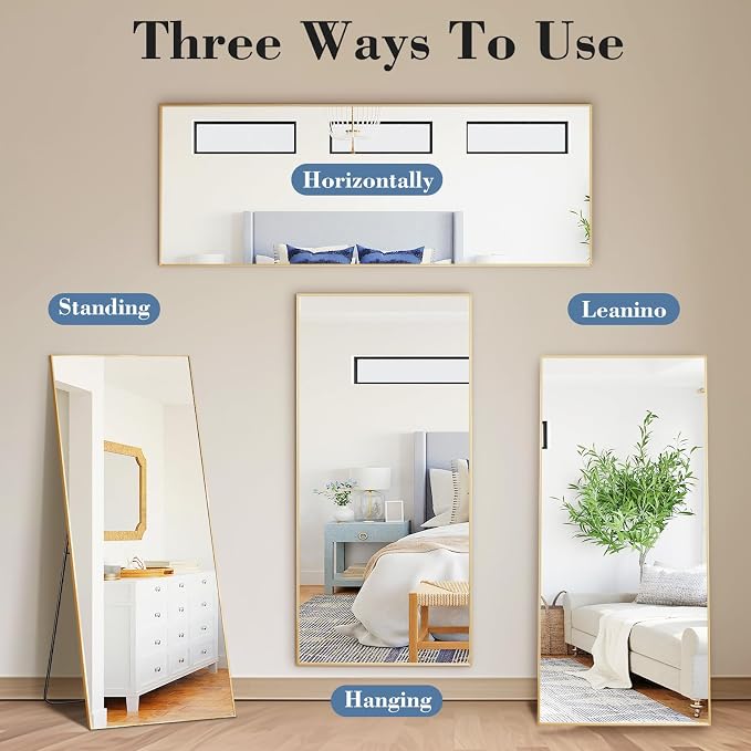NEWBULIG Mirror Full Length, 58"x19" Body Wall Mirrors with Shatter-Proof Glass, Upgraded Floor Standing Mirror, Hanging or Leaning, with Stand Aluminum Alloy Frame for Home Decor, Bedroom, Gold