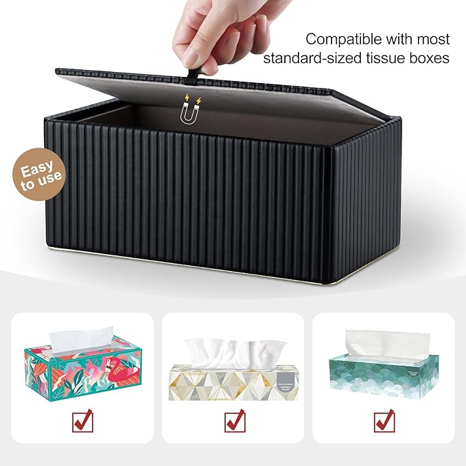 KINGFOM Rectangular Tissue Box Cover, PU Leather Tissue Box Holder with Magnetic Bottom, Napkin & Facial Tissue Holder Dispenser Decorative Box Cover for 120-count (3-Ply) 160-count (2-Ply) Black