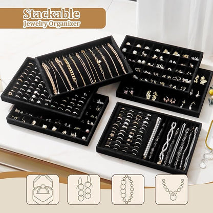 Large Velvet Jewelry Tray 2 Pack Stackable Jewelry Display Drawer Inserts Trays Organizer for Earring Bracelet Necklace Ring (Black, 12 Grids)